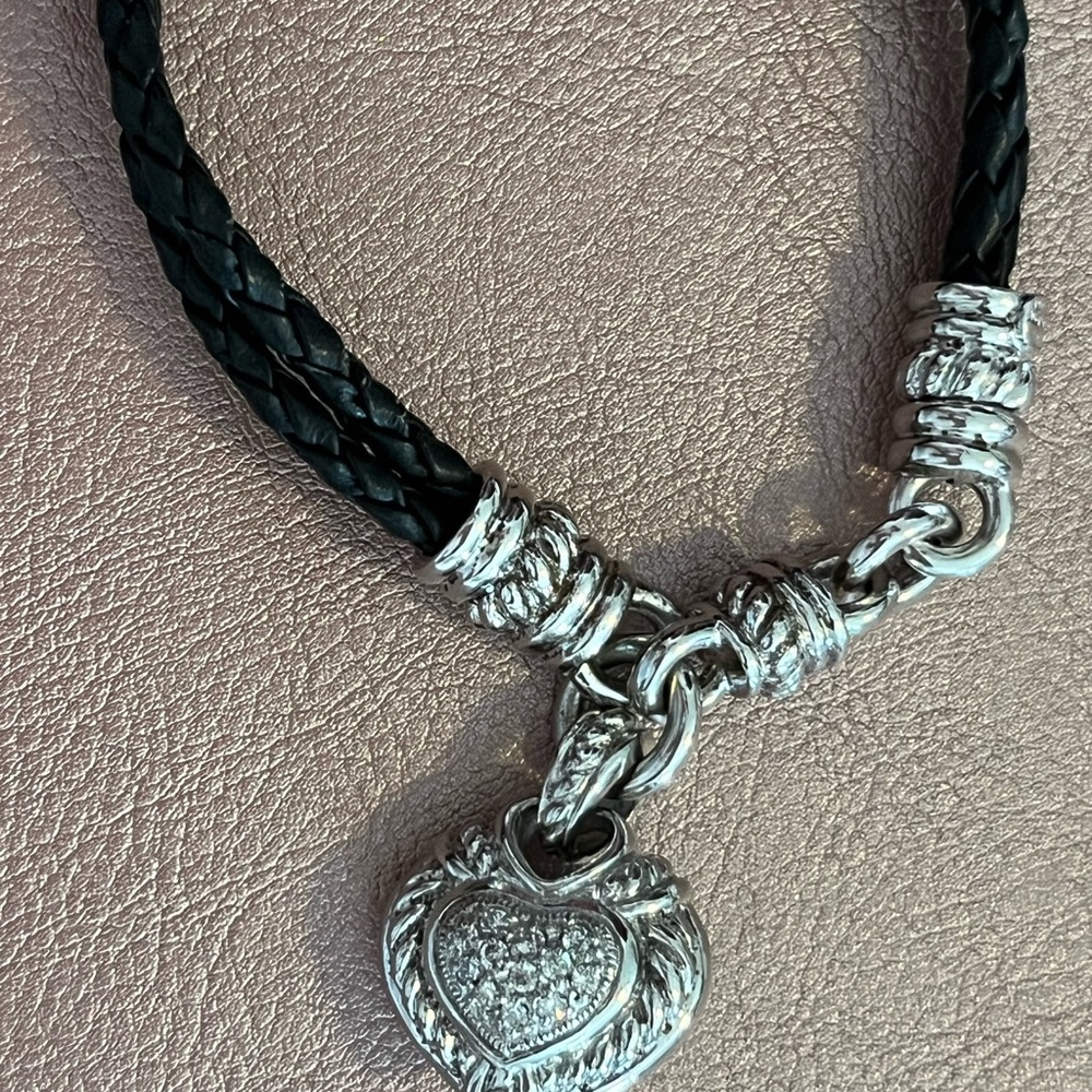 Black and Silver Leather Bracelet with Heart Charm